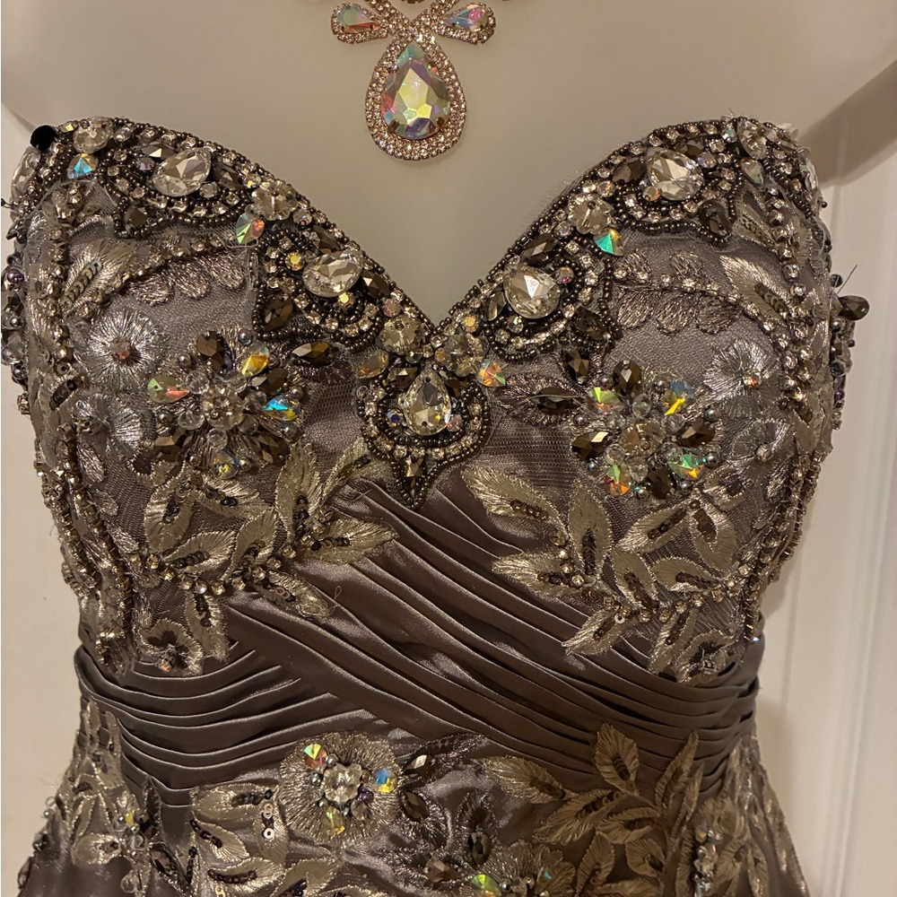 Jovani Strapless Gown in Gunmetal with Iridescent  Embellishments